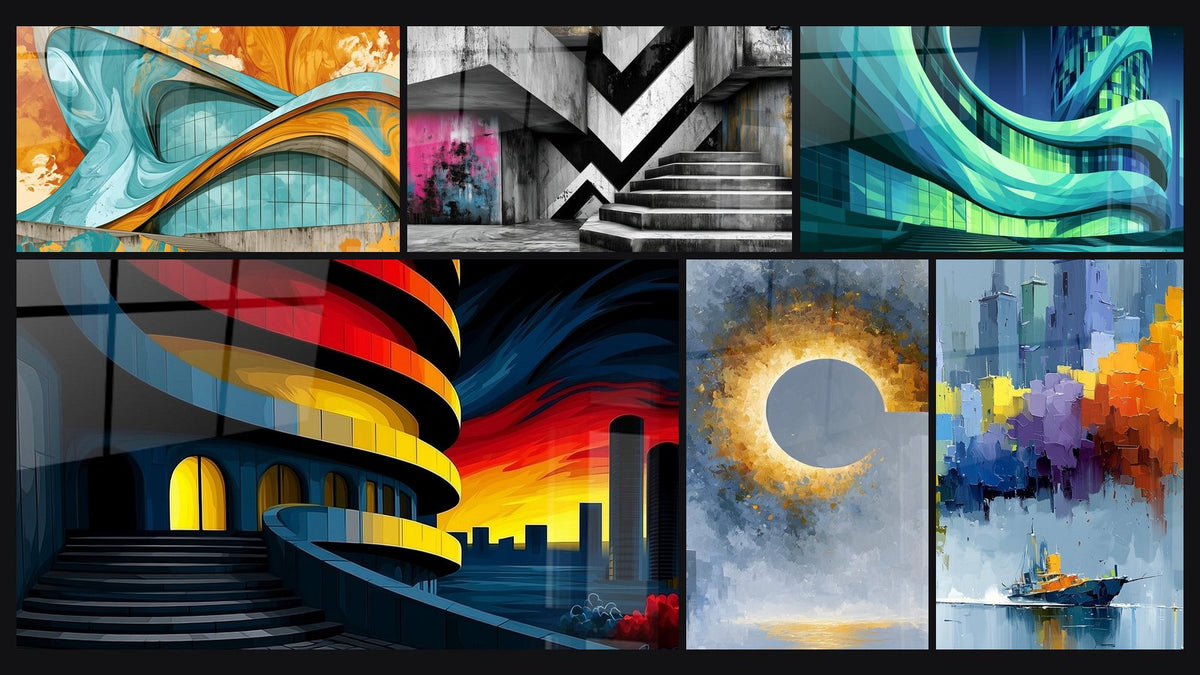 Mosaic of six paintings, including Concrete Stairway with Pink and Blue Walls and Of a Red and Yellow Spiral Tower at Sunset