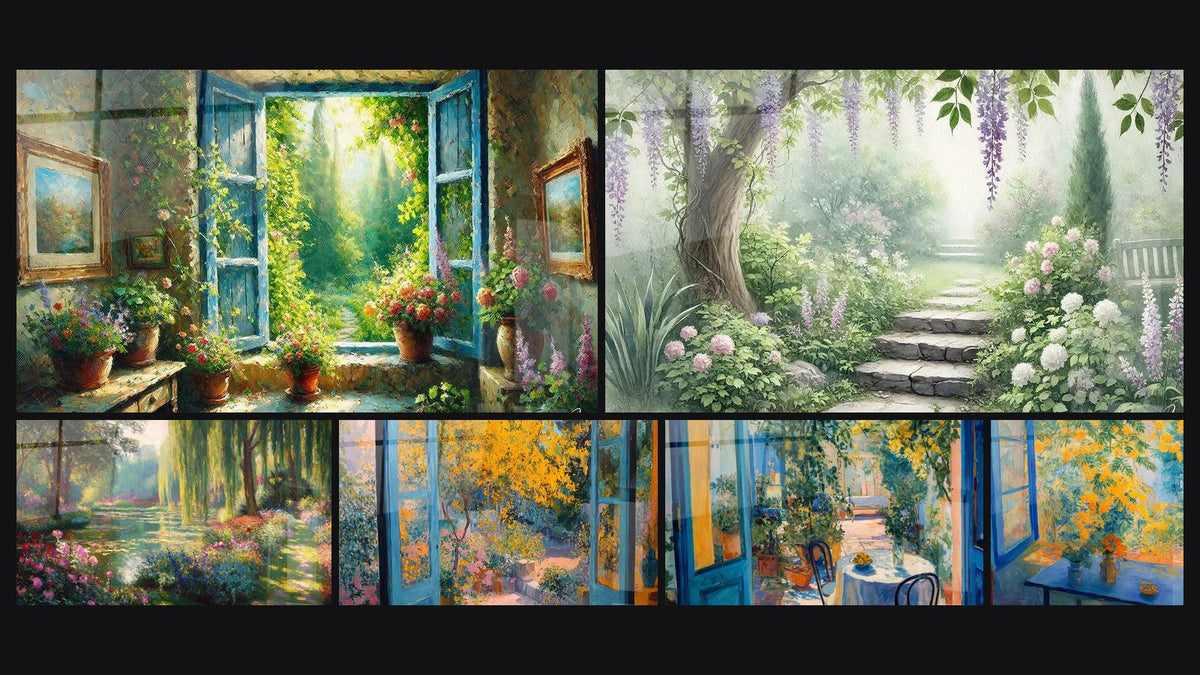 Mosaïque de six tableaux, dont Fenêtre sur le Jardin, Chemin de Féerie et Étang aux nénuphars et saules pleureurs