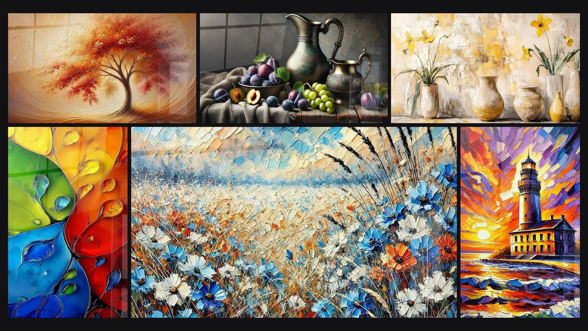 Mosaïque de six tableaux, dont Danse des Saisons, Branches colorées et Chant des Prairies