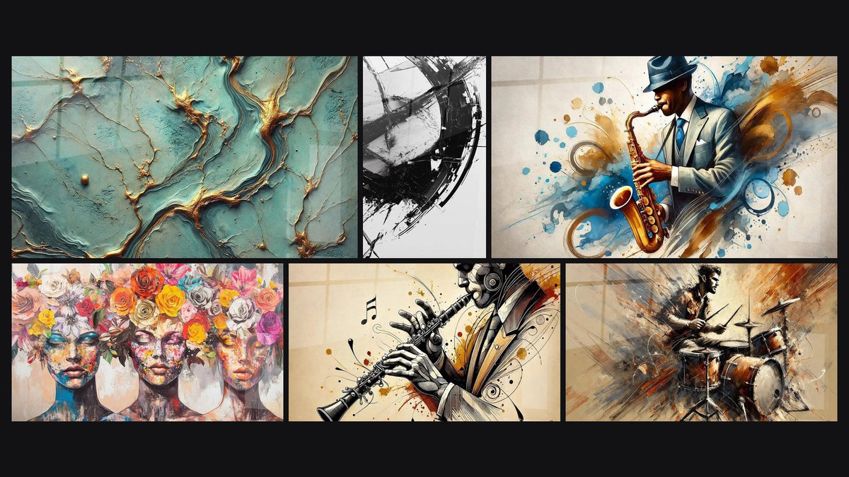 Mosaic of six paintings, including Golden Rivers, The Blooming Muses and The Break in Time