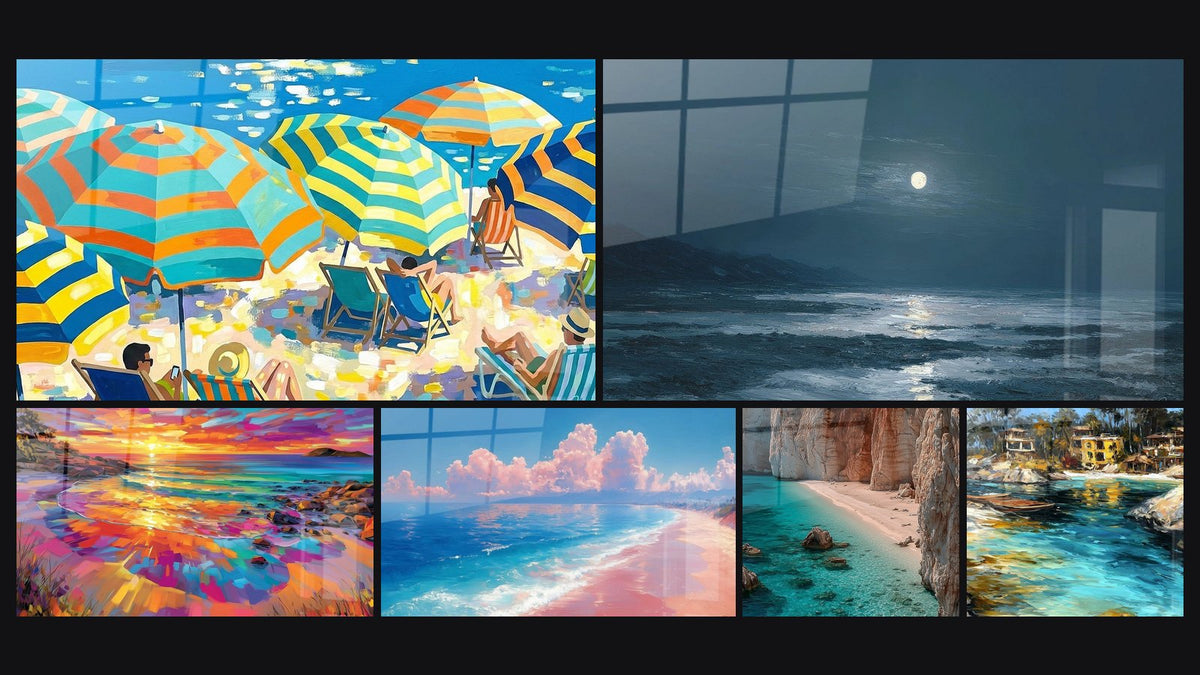 Mosaïque de six tableaux, dont Plage Parasols, Plage nocturne et Coucher de Soleil Coloré sur Plage