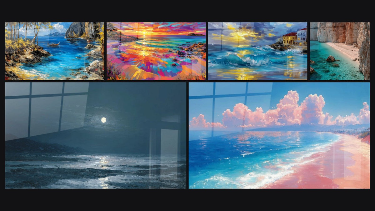 Mosaïque de six tableaux, dont Crique Tropicale, Coucher de Soleil Coloré sur Plage et Plage nocturne