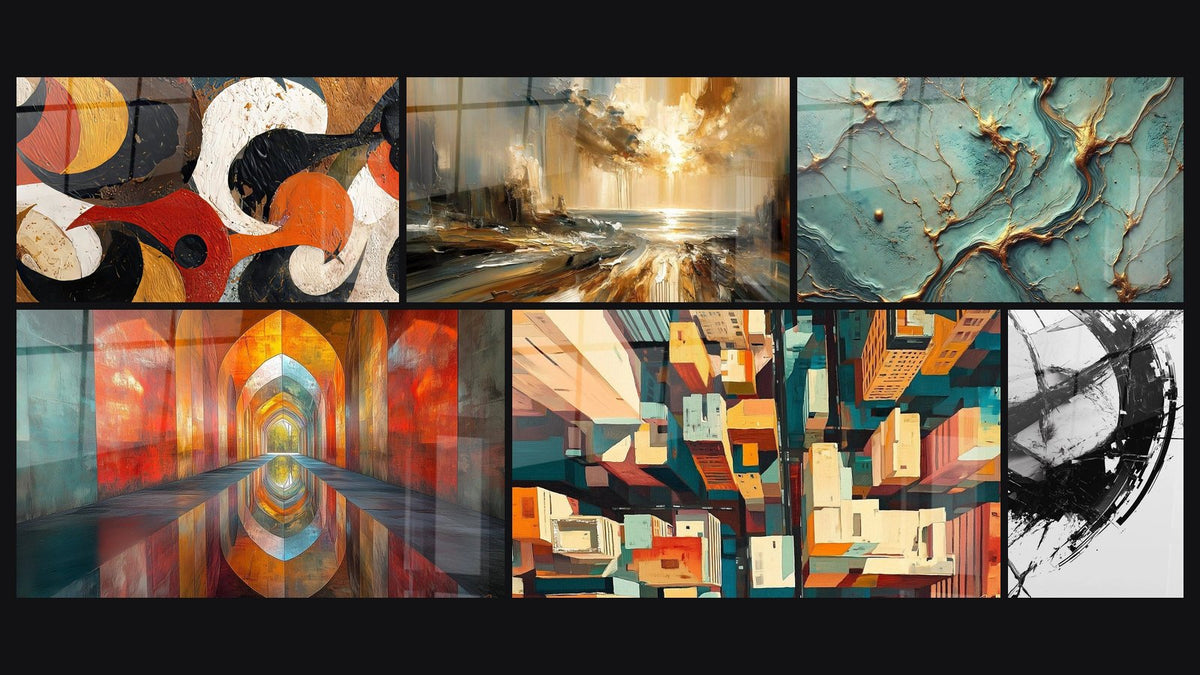 Mosaïque de six tableaux, dont Formes circulaires abstraites, Réverbérations Lumineuses et Voûtes Chatoyantes Vermillon