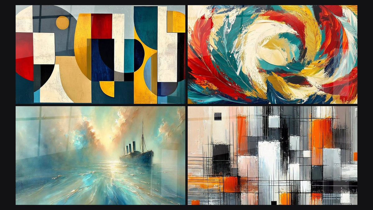 Mosaïque de quatre tableaux, dont Formes géométriques colorées, Métamorphose Cosmique et Au Cœur de la Brise