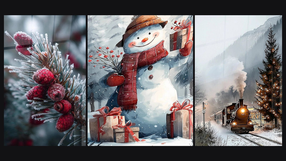 Mosaico di tre quadri, tra cui Bacche Segrete del giardino ghiacciato e Bonhomme Distributore di gioia invernale
