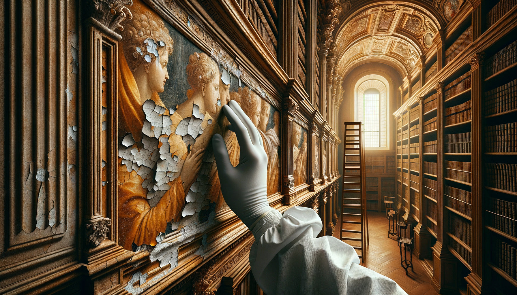 Examen détaillé d'une fresque de bibliothèque historique révélant les couches de peinture originale sous un repeint ultérieur