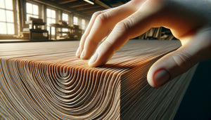 Gros plan sur chant de panneau bois montrant sens fibrage, inspection tactile et visuelle des veines