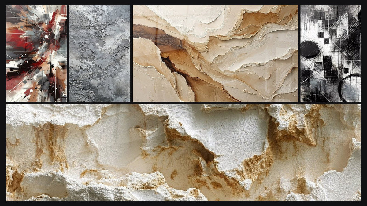 Mozaika pięciu obrazów, w tym Hałas Dynamiczny Eksplozywny, Abstrakcyjny Beżowy i Ziemisty i Fragmenty Absolutu