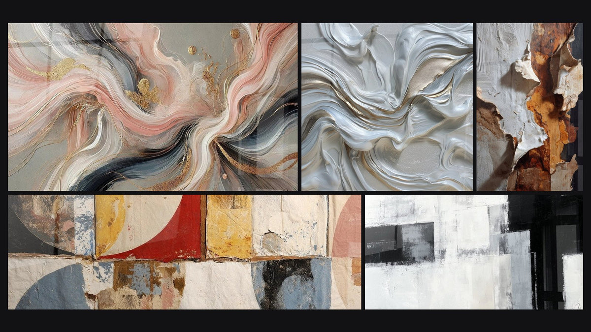 Mosaico de cinco cuadros, entre ellos Flujos de Seda y Formas geométricas abstractas