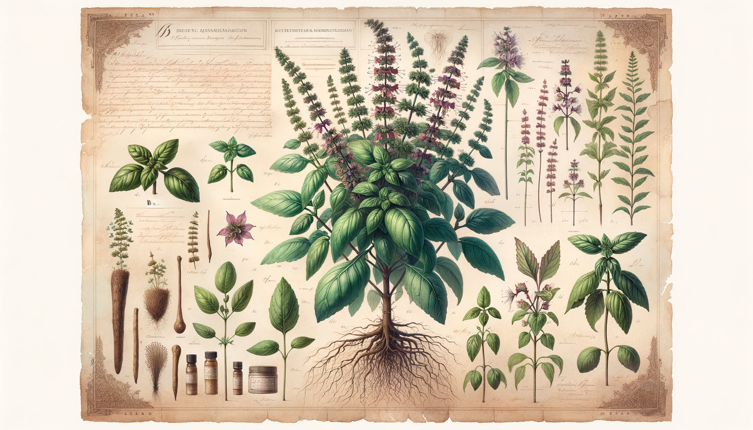 Illustration botanique ancienne d'herbes culinaires en aquarelle détaillée, style scientifique 18ème siècle avec précision anatomique