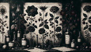 Illustration botanique ancienne style herbier victorien avec plantes toxiques sur fond noir, esthétique gothique raffinée et mystérieuse