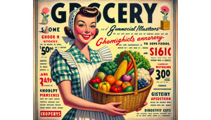 Illustration publicitaire alimentaire vintage années 1950, style commercial rétro avec couleurs fanées et personnage expressif, typographie artisanale