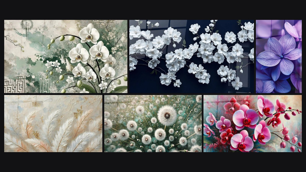Mosaïque de six tableaux, dont Orchidées Zen, Douceur Aérienne et En Plein Air
