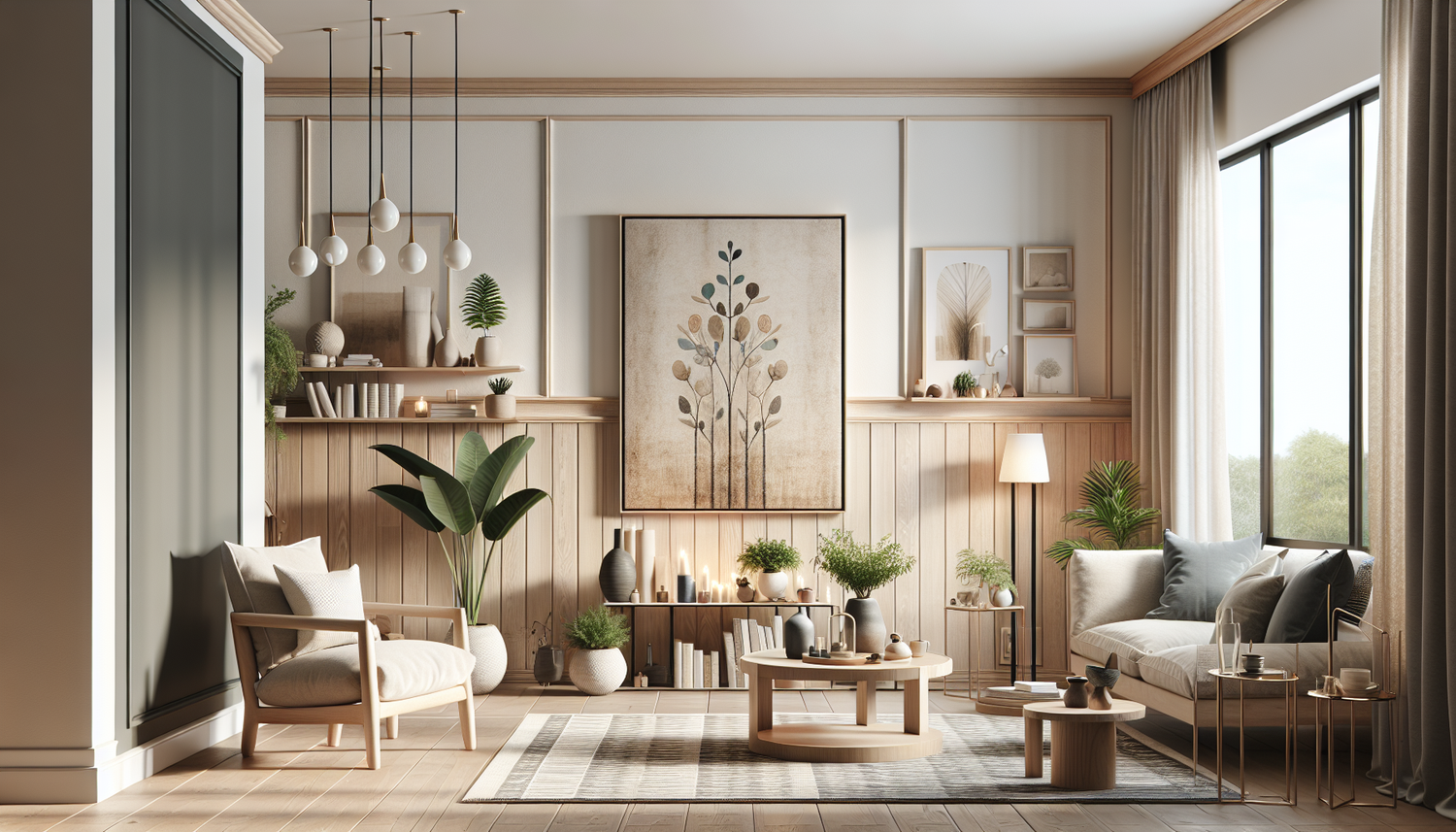 Intérieur contemporain avec tableau décoratif — ambiance Tableaux bleus