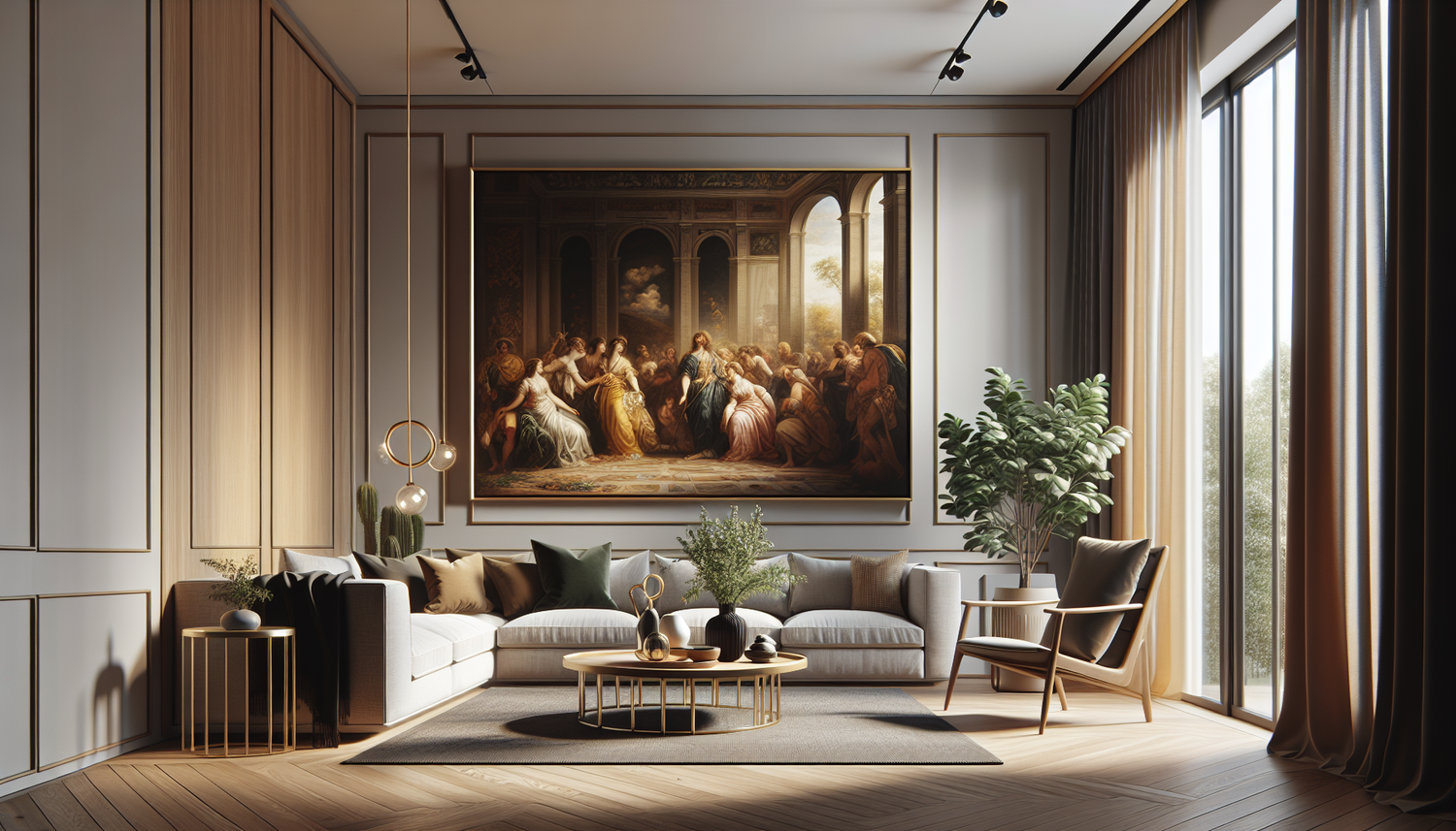 Intérieur contemporain avec tableau décoratif — ambiance Tableau Noël