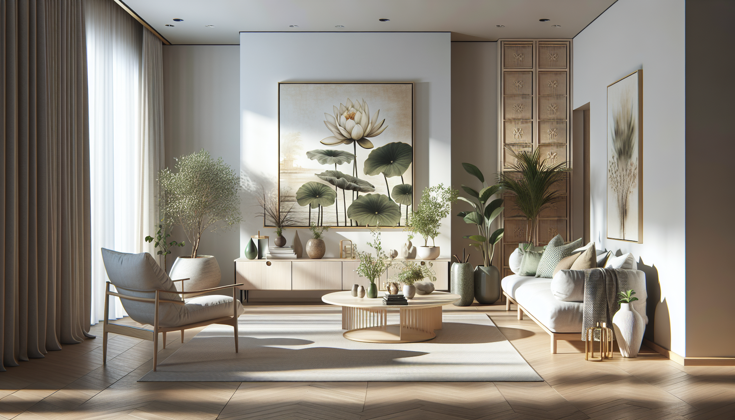 Intérieur contemporain avec tableau décoratif — ambiance Tableau Fleur de Lotus