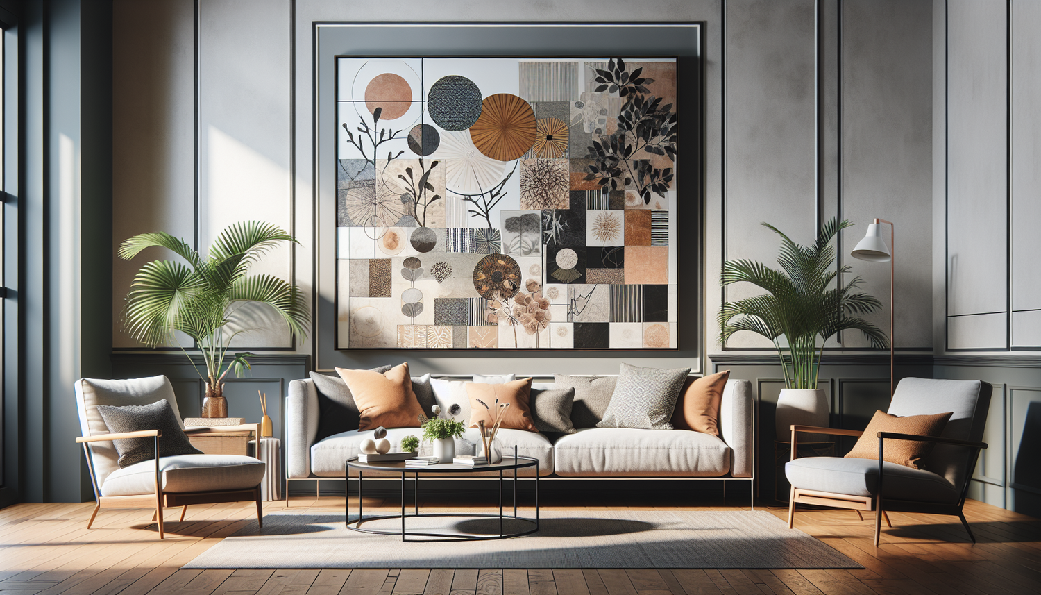 Intérieur contemporain avec tableau décoratif — ambiance Tableau Collage