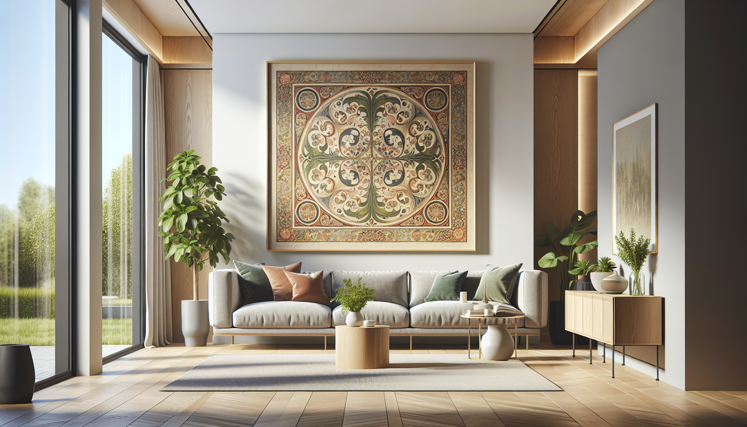Intérieur contemporain avec tableau décoratif — ambiance Tableau Noël