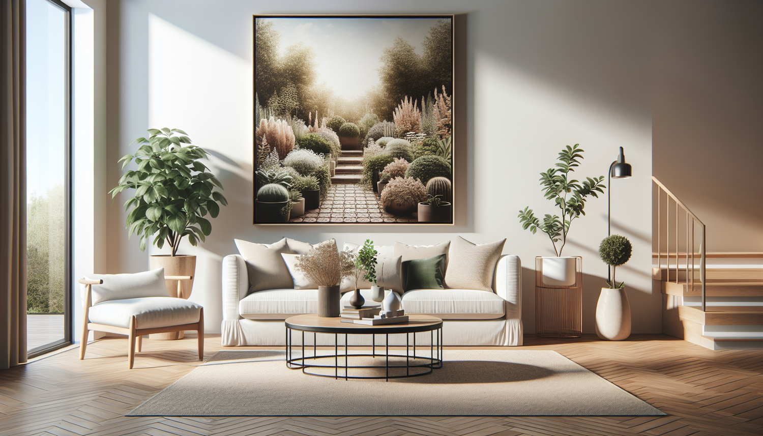 Intérieur contemporain avec tableau décoratif — ambiance Tableaux jardin