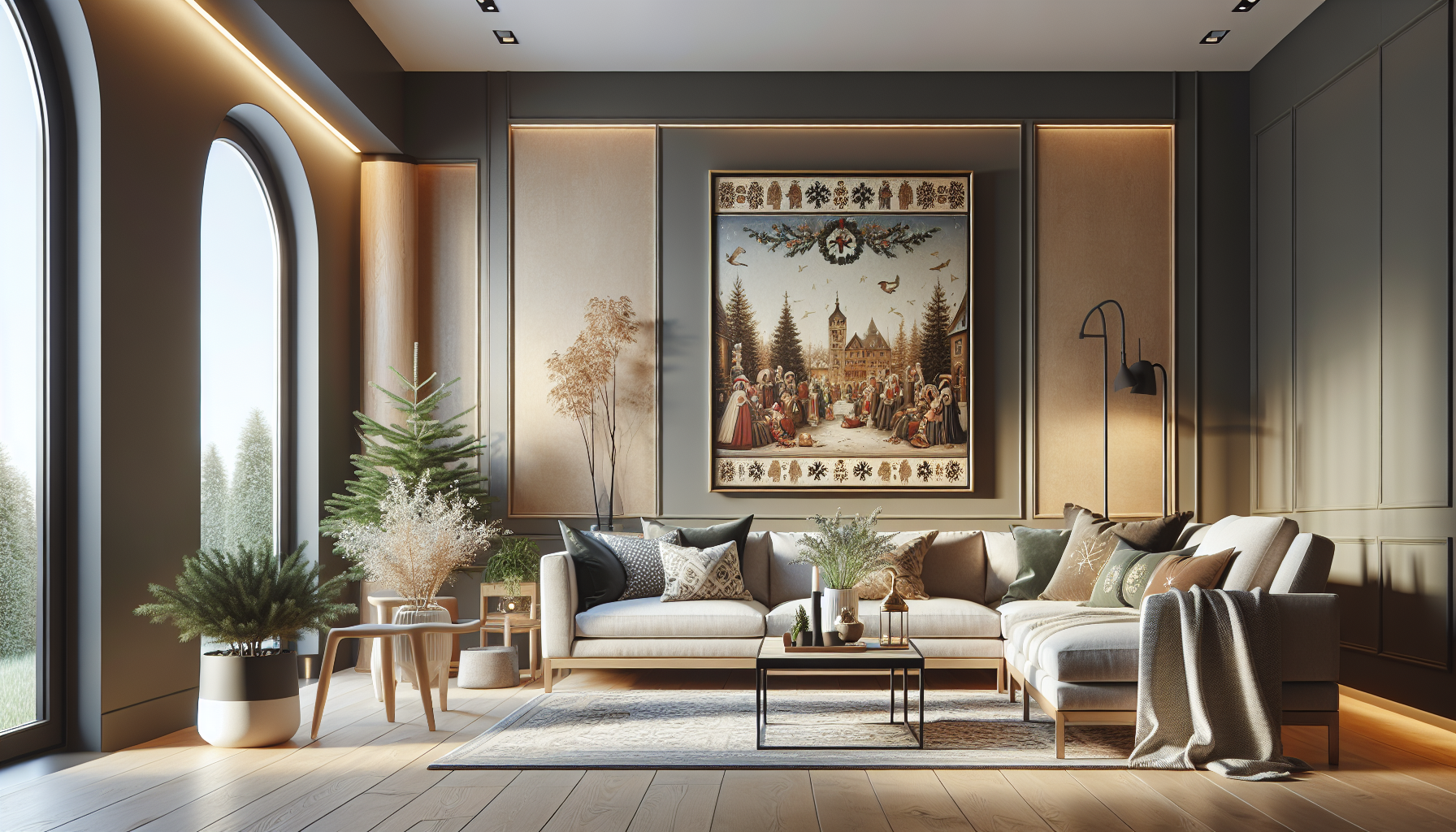 Intérieur contemporain avec tableau décoratif — ambiance Tableau Noël