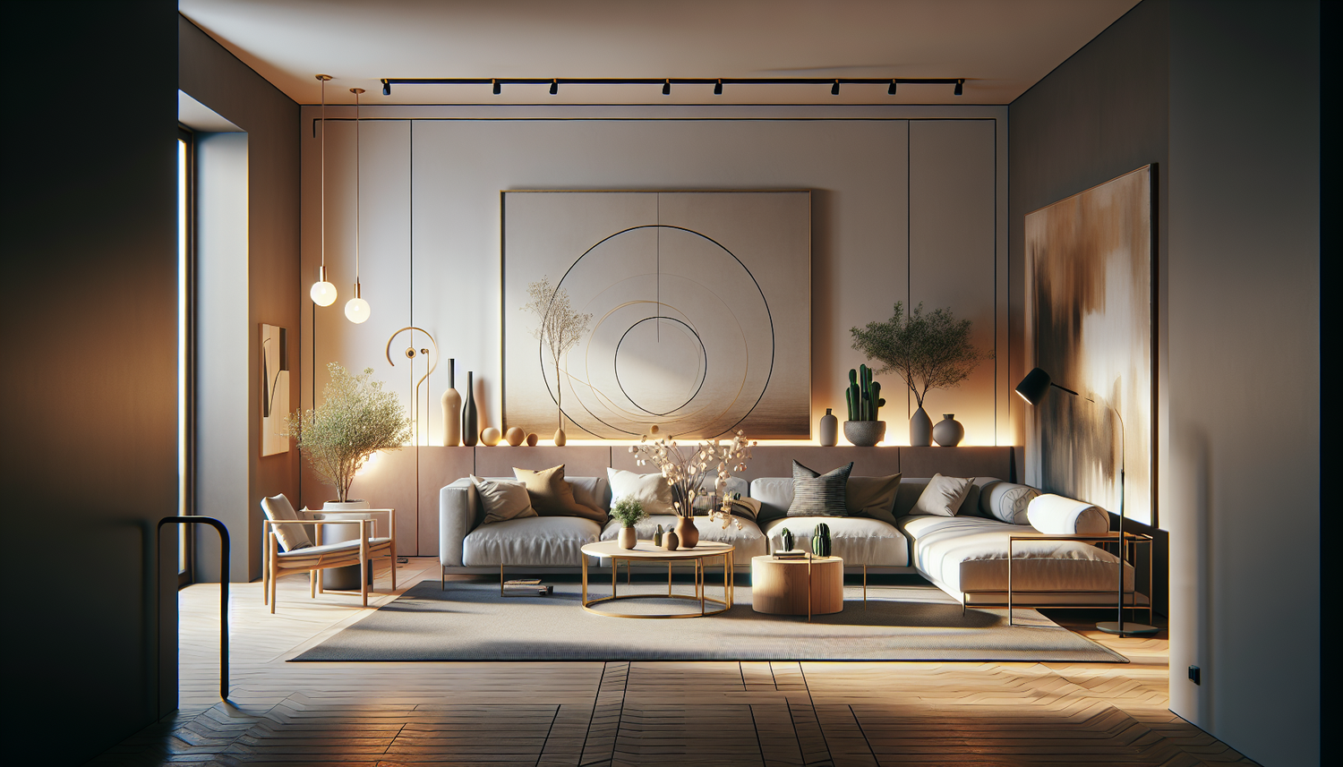 Intérieur contemporain avec tableau décoratif — ambiance Tableaux arc en ciel