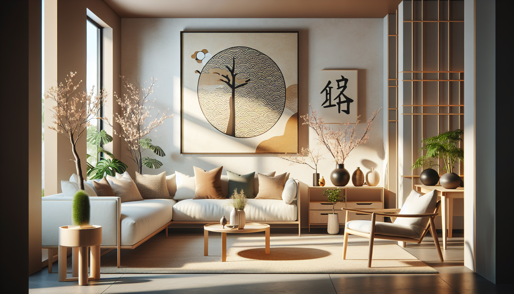 Intérieur contemporain avec tableau décoratif — ambiance Tableau Japandi