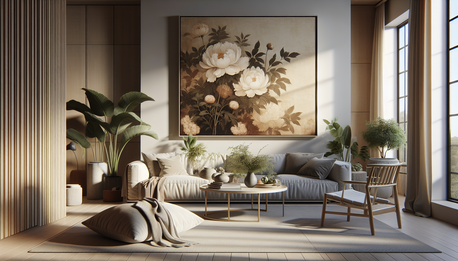 Intérieur contemporain avec tableau décoratif — ambiance Tableau Pivoine