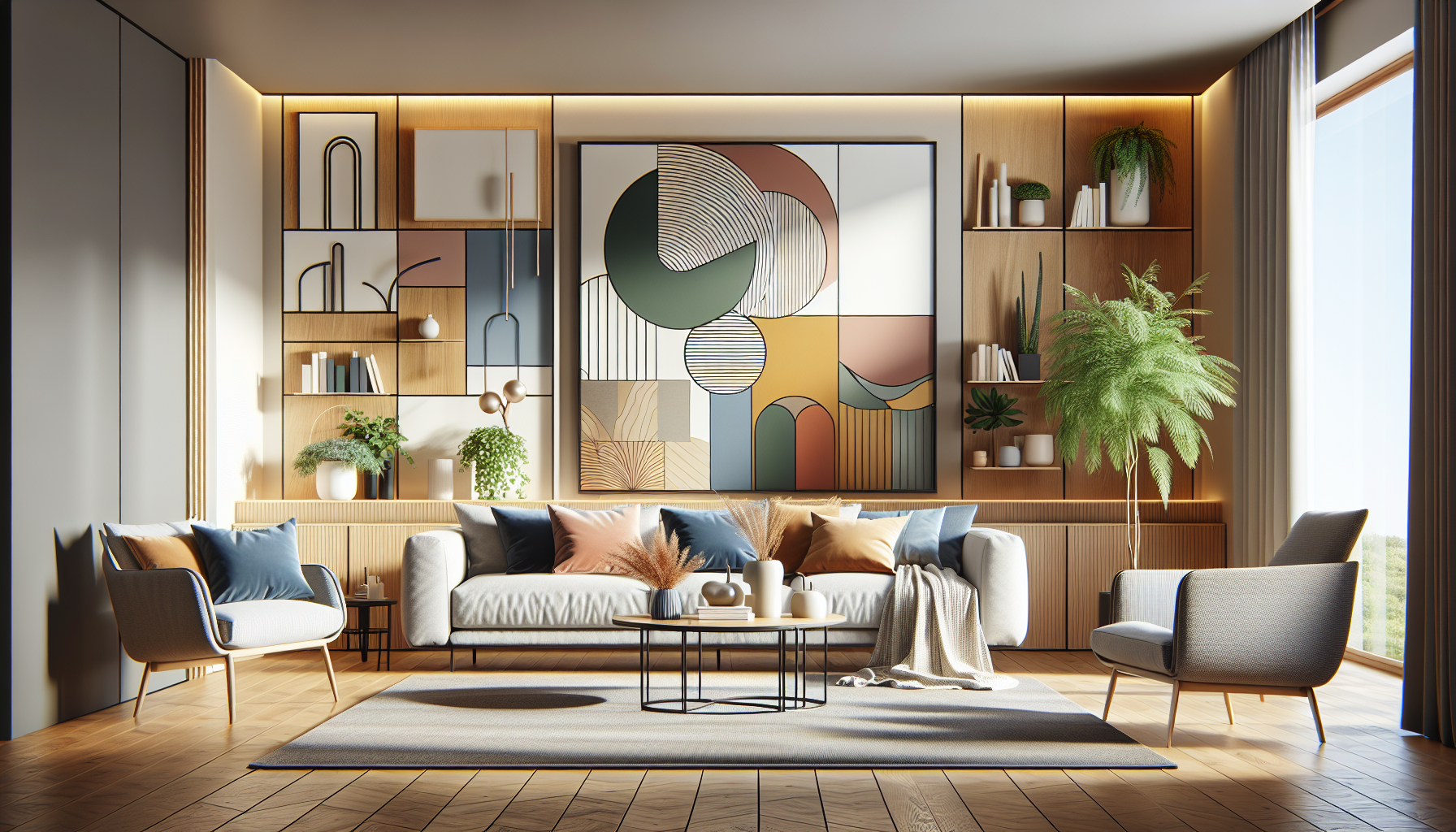 Intérieur contemporain avec tableau décoratif — ambiance Tableau Pivoine