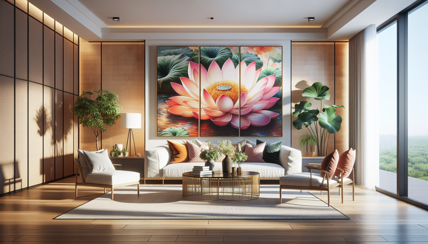 Intérieur contemporain avec tableau décoratif — ambiance Tableau Fleur de Lotus