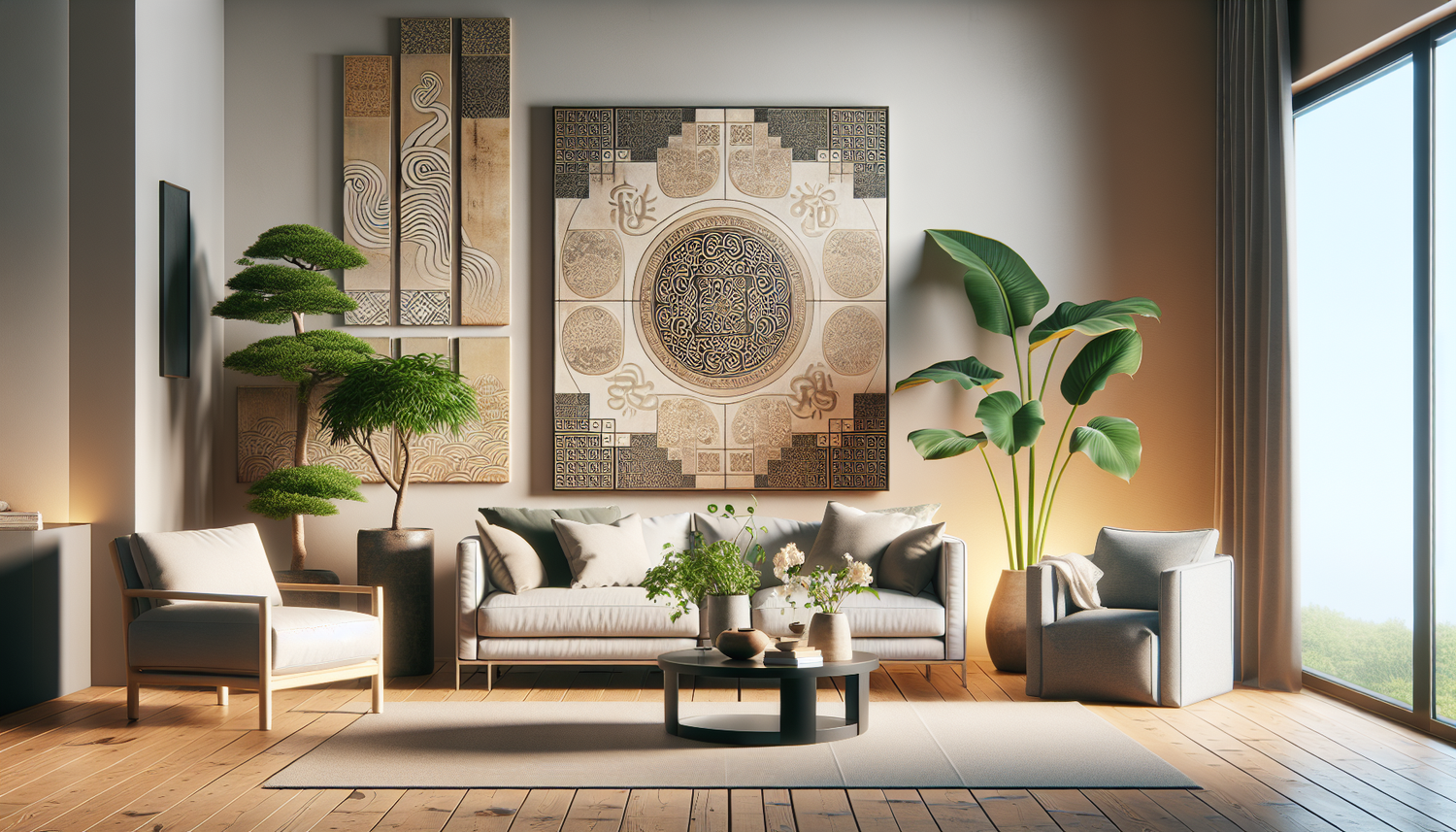Intérieur contemporain avec tableau décoratif — ambiance Tableaux Bouddha