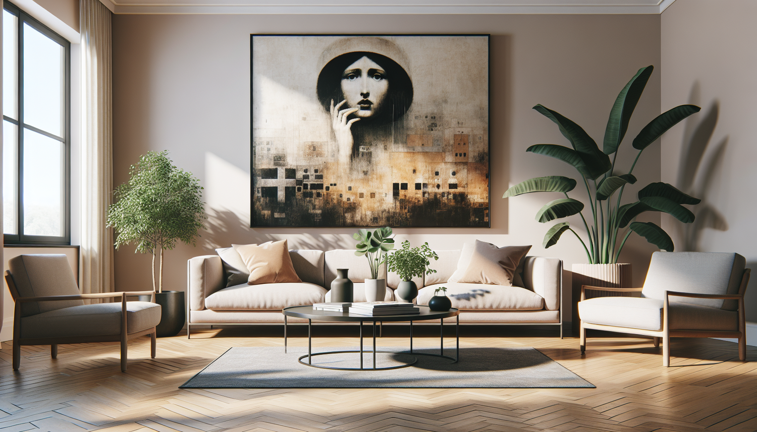 Intérieur contemporain avec tableau décoratif — ambiance Tableau première guerre mondiale