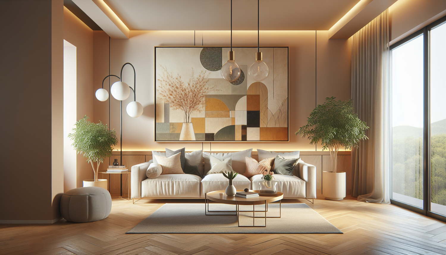 Intérieur contemporain avec tableau décoratif — ambiance Tableau Noël
