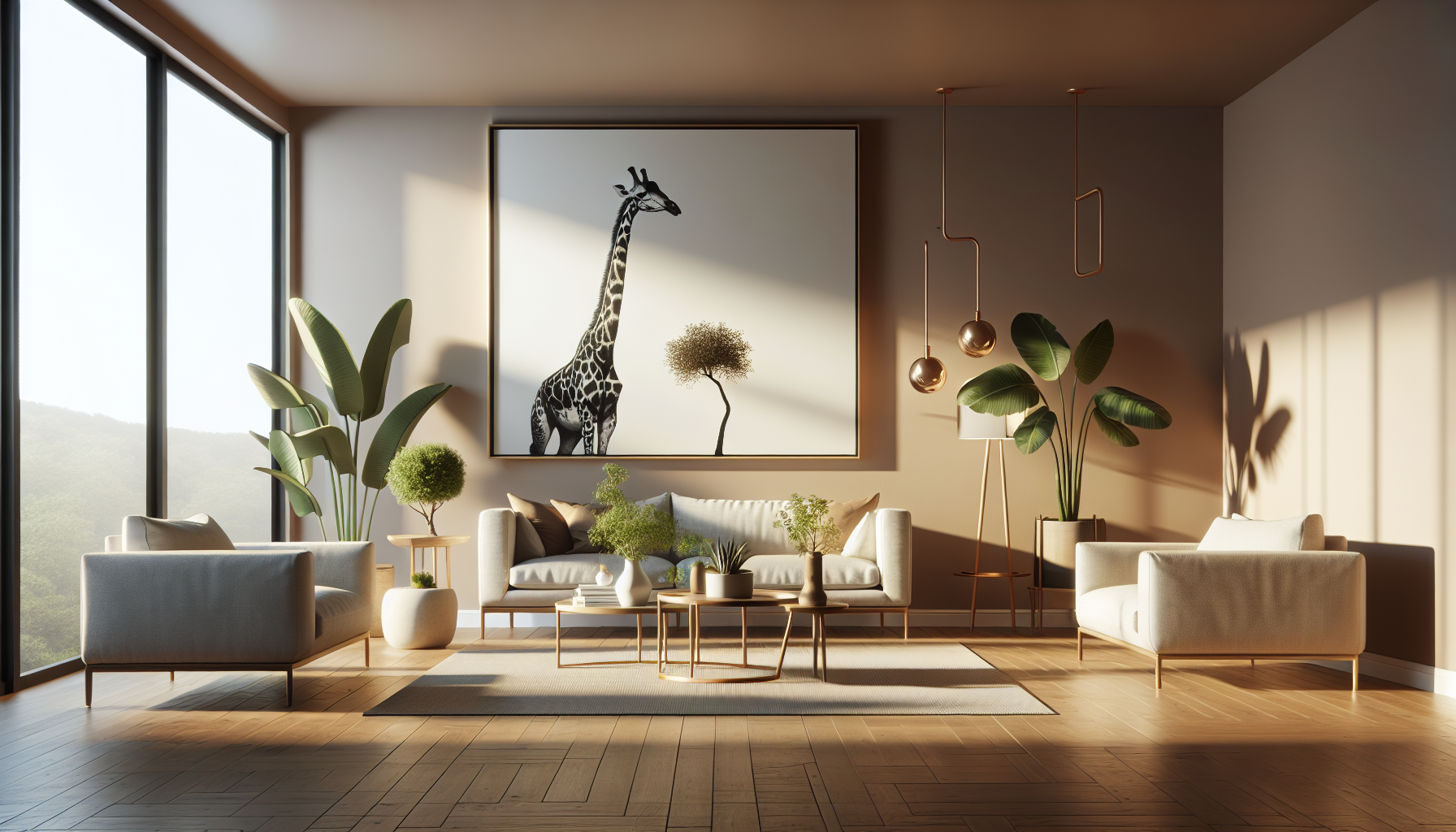 Intérieur contemporain avec tableau décoratif — ambiance Tableaux Girafe