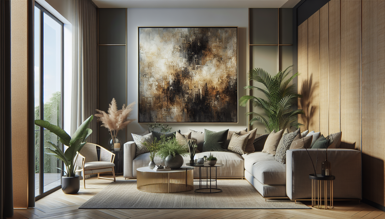 Intérieur contemporain avec tableau décoratif — ambiance Tableau Abstrait noir et or