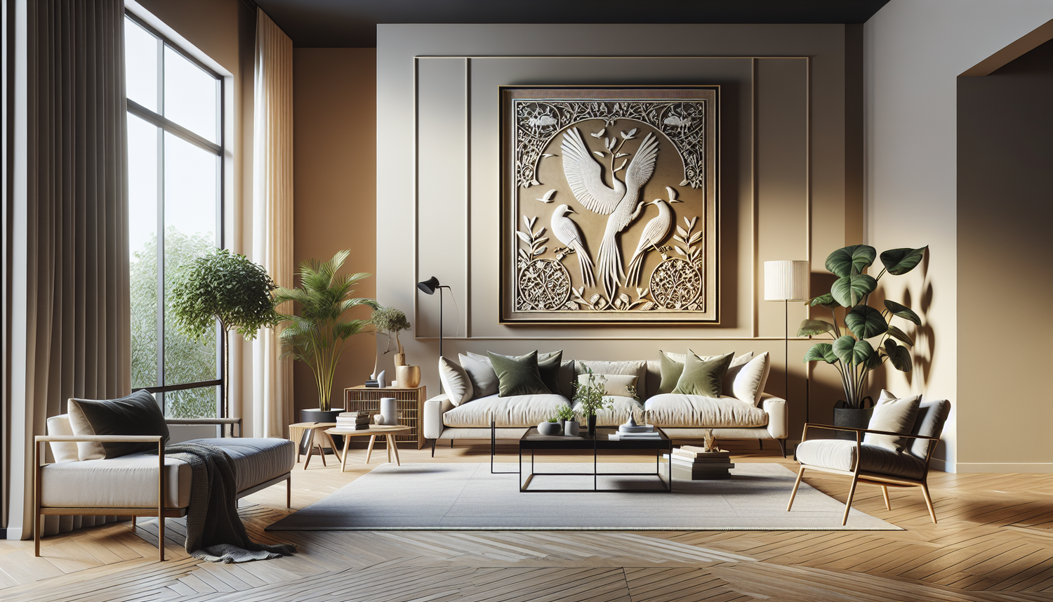 Intérieur contemporain avec tableau décoratif — ambiance Tableaux Oiseaux