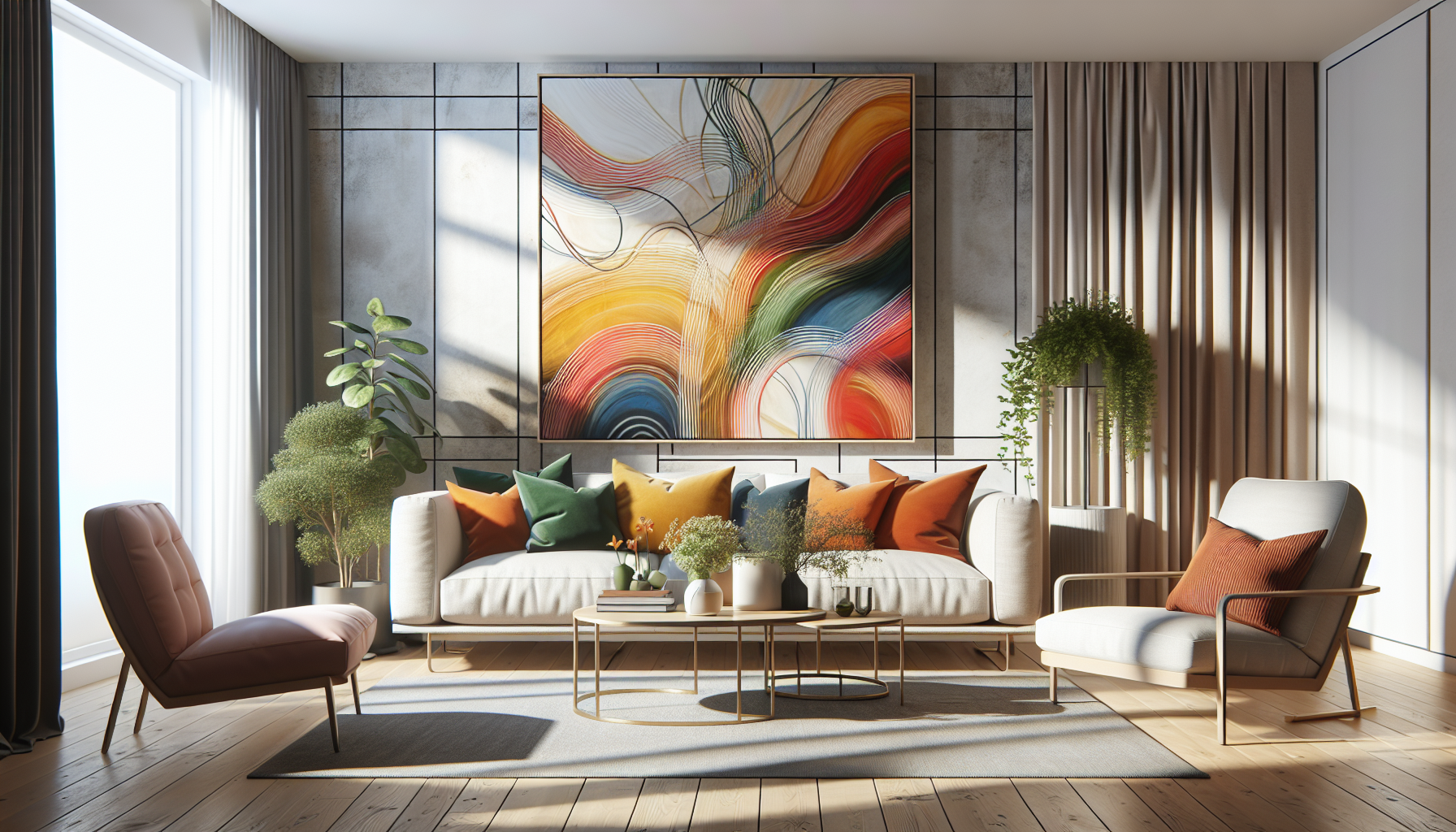 Intérieur contemporain avec tableau décoratif — ambiance Tableau Couleurs en Folie