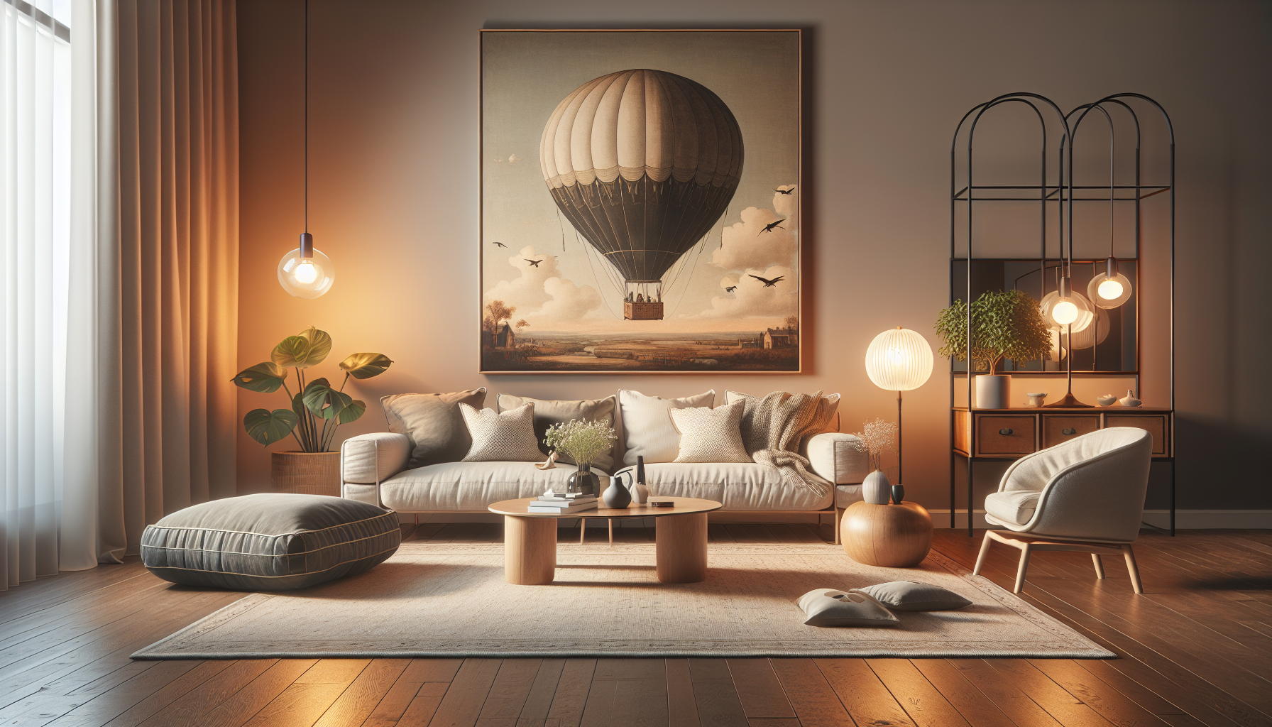 Intérieur contemporain avec tableau décoratif — ambiance Tableau montgolfière
