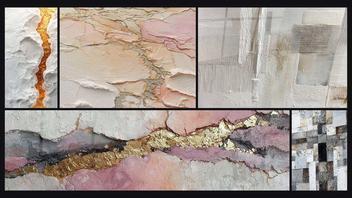 Mosaico di cinque quadri, tra cui Astratto texture beige rosa dorato e Mosaico Astratto Grigio e Bianco