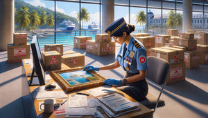 Agent des douanes examinant des tableaux encadrés lors d'un contrôle douanier à La Réunion avec documents administratifs