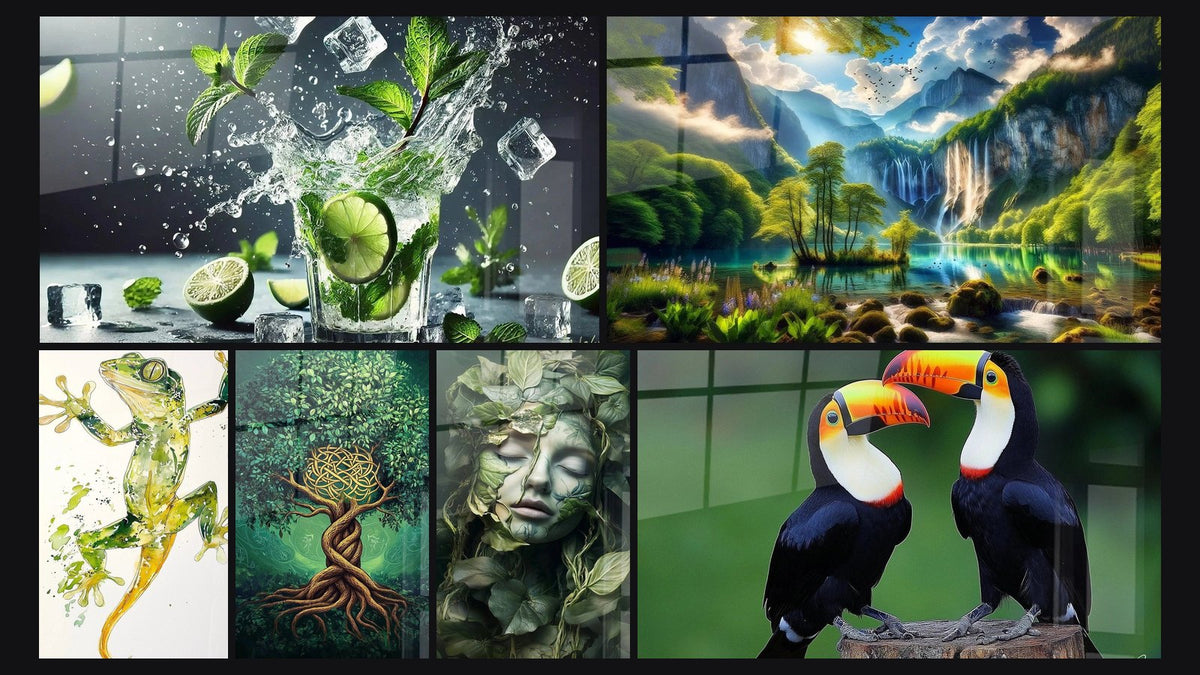 Mosaïque de six tableaux, dont Fraîcheur Dynamique, Éden Vert aux Mille Cascades et Salamandre N°1