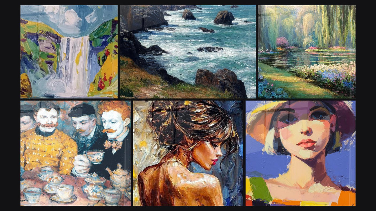 Mosaïque de six tableaux, dont Cascade naturelle, Côte rocheuse bretonne et Hommes café convivialité partagée