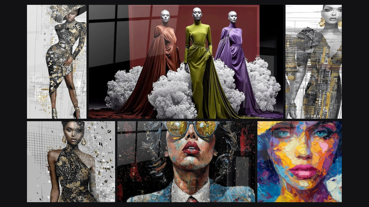 Mosaïque de six tableaux, dont Tendance, Créations Couture et Glitch Art