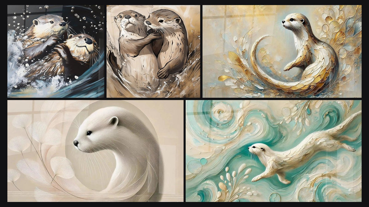 Mosaïque de cinq tableaux, dont Loutre Duo des remous, Loutre tendresse aquatique et Loutre en Harmonie