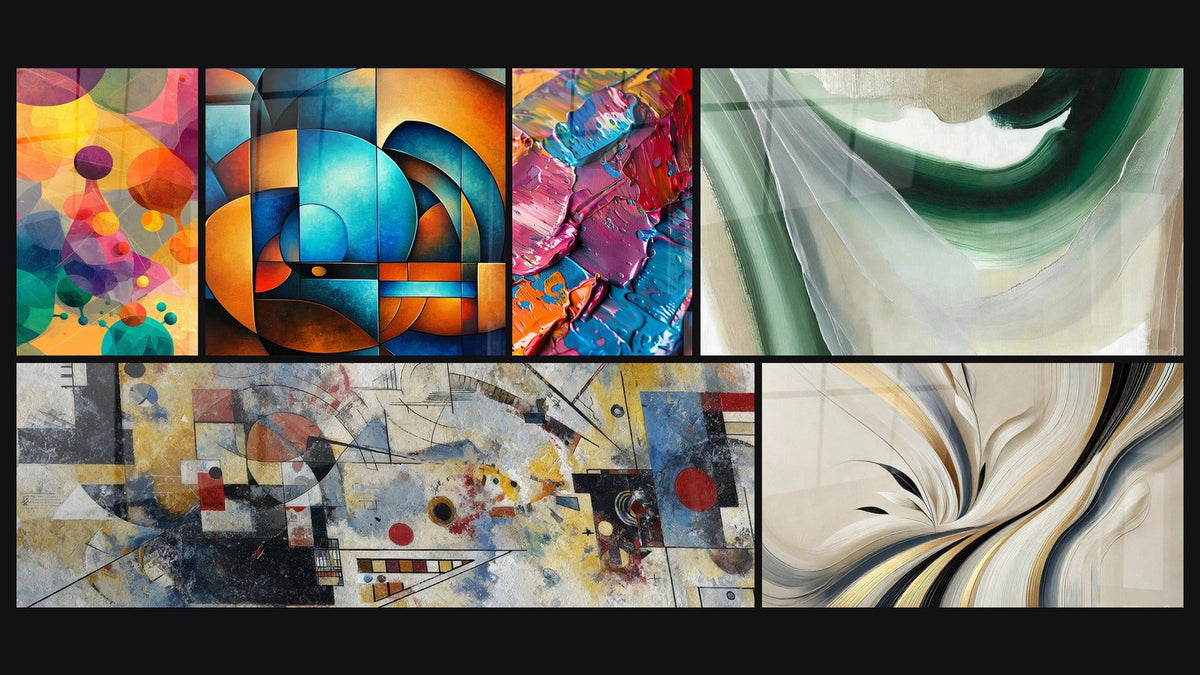 Mosaïque de six tableaux, dont Cercles colorés translucides, Composition abstraite géométrique et Élan d'Harmonie