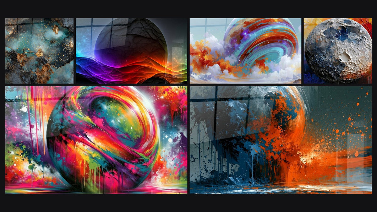 Mosaïque de six tableaux, dont Galaxie abstraite et Lune grise et rouge aux cratères texturés