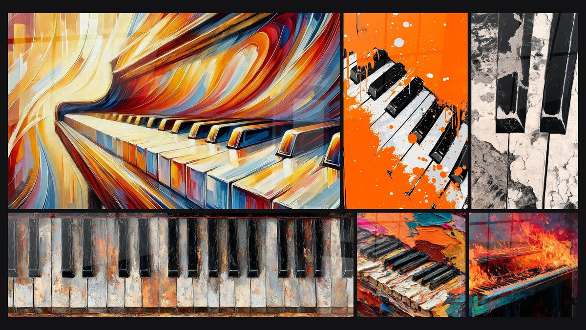 Mosaïque de six tableaux, dont Notes en fusion et Musique clavier ocre et anthracite patiné