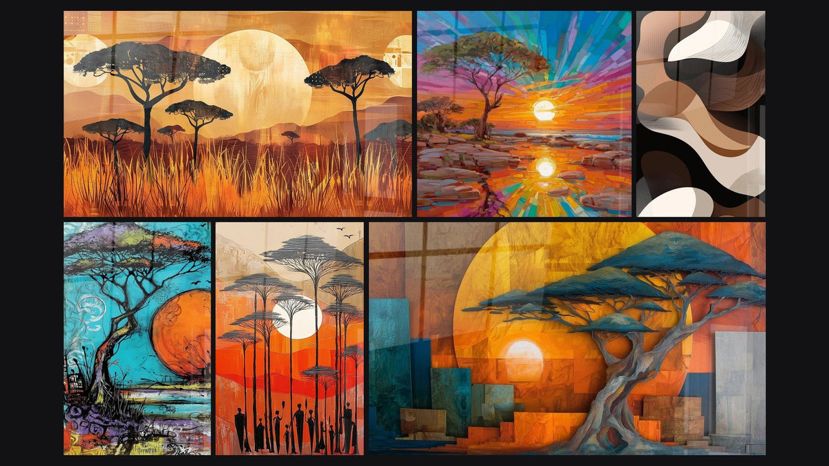 Mosaïque de six tableaux, dont Acacia Racines du Temps, Acacia Sentinelle de la brousse dorée et Coucher de Soleil Africain