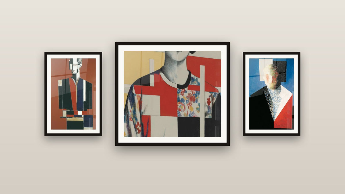 Gallery wall with three framed paintings, including Portrait Wall Art Human Architecture and Portrait Facial Architecture