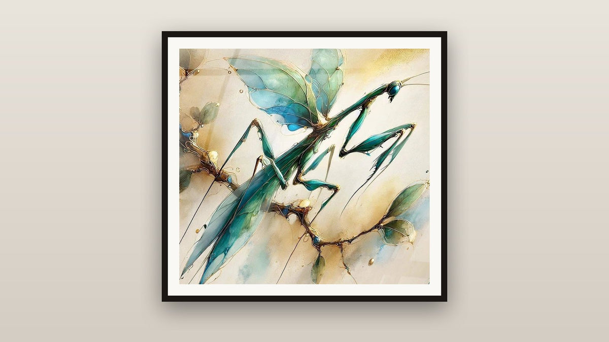 Gerahmtes Gemälde an einer Wand: Mantis-Tanz
