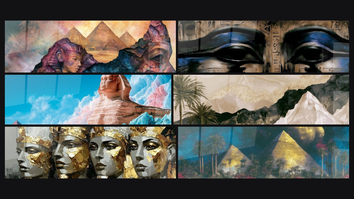 Mosaic of six paintings, including Golden and Grey Pharaonic Faces and Golden Pyramids and Blue Night Oasis